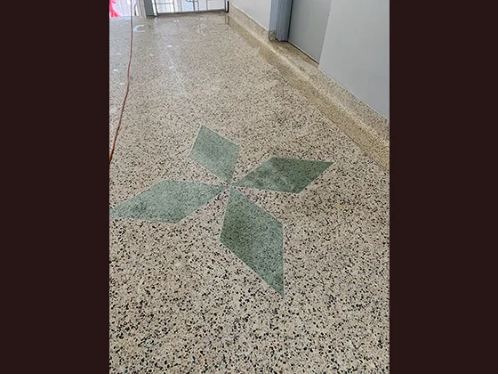 After cleaning and stripping, the beauty of this terrazzo floor started to emerge.